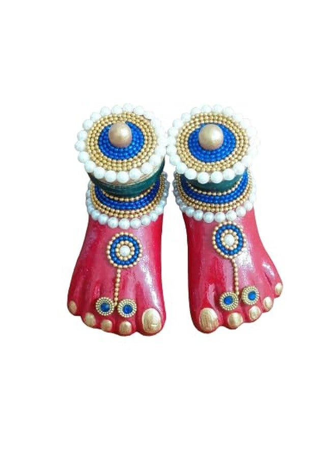 OnDec نعال صغيرة من الطين المحروق مزينة بنقوش حجرية من OnDec Lakshmi/Ma Laxmi (زوج واحد) (أزرق ملكي على أحمر) - Image 1